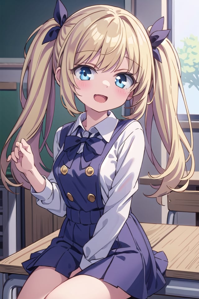 insanely detailed, absurdres, ultra-highres, ultra-detailed, best quality,1 girl, solo, nice hands, perfect hands,BREAK,wearing summer school uniform,evil smile, open mouth,sitting,45 angle, cowboy shot, looking at viewer,BREAK,slender, kawaii, perfect symmetrical face, ultra cute girl, ultra cute face, ultra detailed eyes, ultra detailed hair, ultra cute, ultra beautifulBREAK,indoors, in classroom,blonde hair, twintails, blue eyes