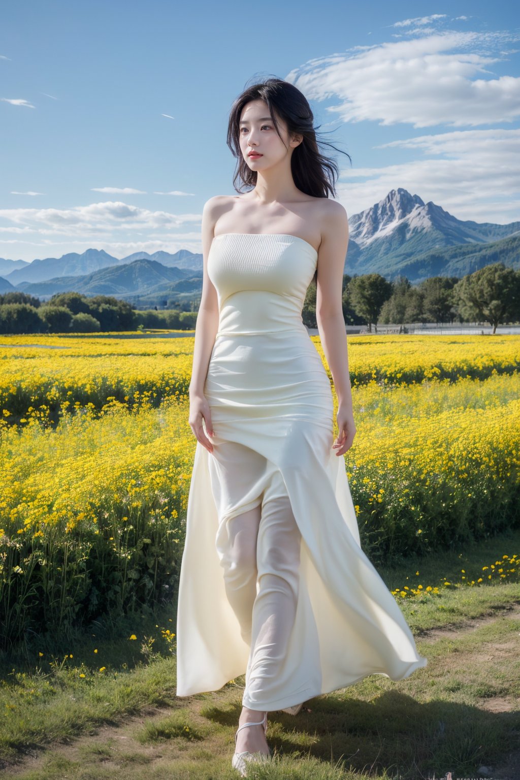 Realistic,(masterpiece:1.2),best quality,8K,HDR,RAW,1girl,(Black hair,delicate girl),((solo)),(Spring scenery, mountains in the distance, beautiful clouds, rape flower fields),huge breasts,standing,full body,(Looking at the audience),<lora:add_detail:0.6>,<lora:GoodHands-beta2:1>,<lora:ENNE 白色无肩带连衣短裙_v09:1>,strapless dress,