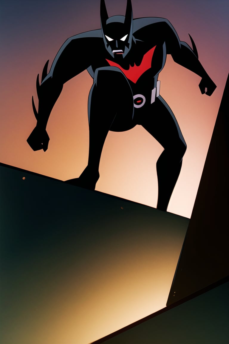 Masterpiece, best quality, ultra-detailed, Batman-Beyond, crouching, angry, looking down, on rooftop, , neon lights, solo, male focus, <lora:Batman_Beyond-20:0.9>