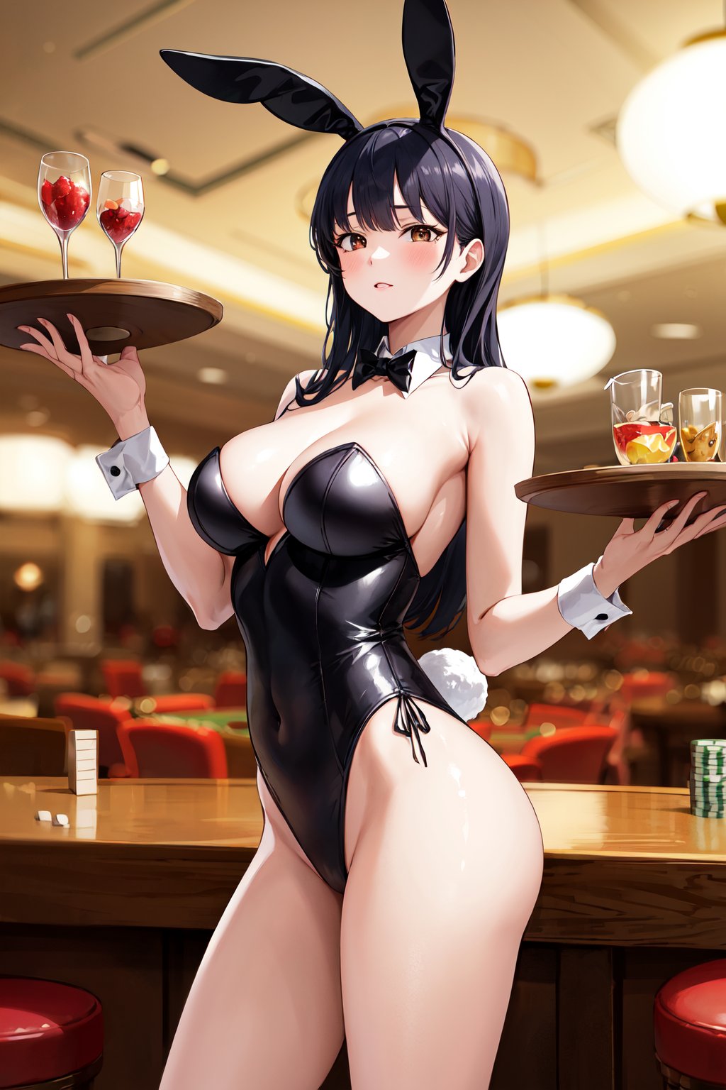 masterpiece, best quality, highres, aaanna, long hair, brown eyes, <lora:yamada_anna_v1:0.7>, playboy bunny, rabbit ears, indoors, casino, holding tray, 