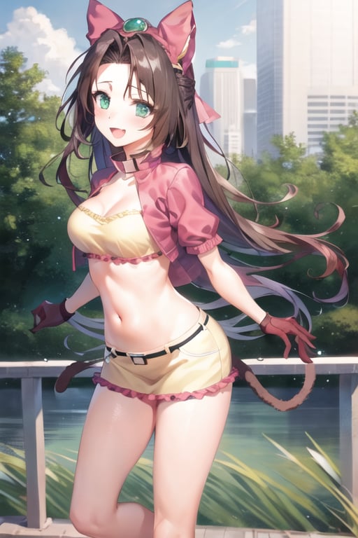 1girl, sthsara, long hair, brown hair, forehead, green eyes, hair bow, jacket, miniskirt, navel, cat tail, puffy sleeves, short sleeves, :d, looking at viewer, city <lora:sara_sth-000004:1>