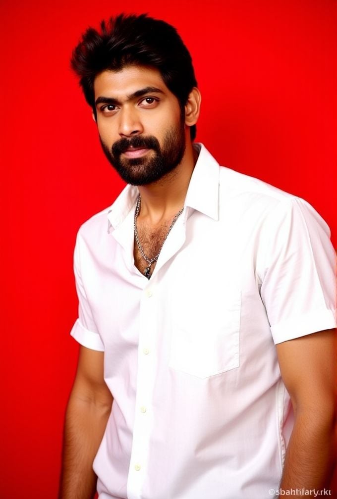 rana daggubati ,  The image is a high-resolution photograph,  standing against a solid red background. wavy hair styled to...