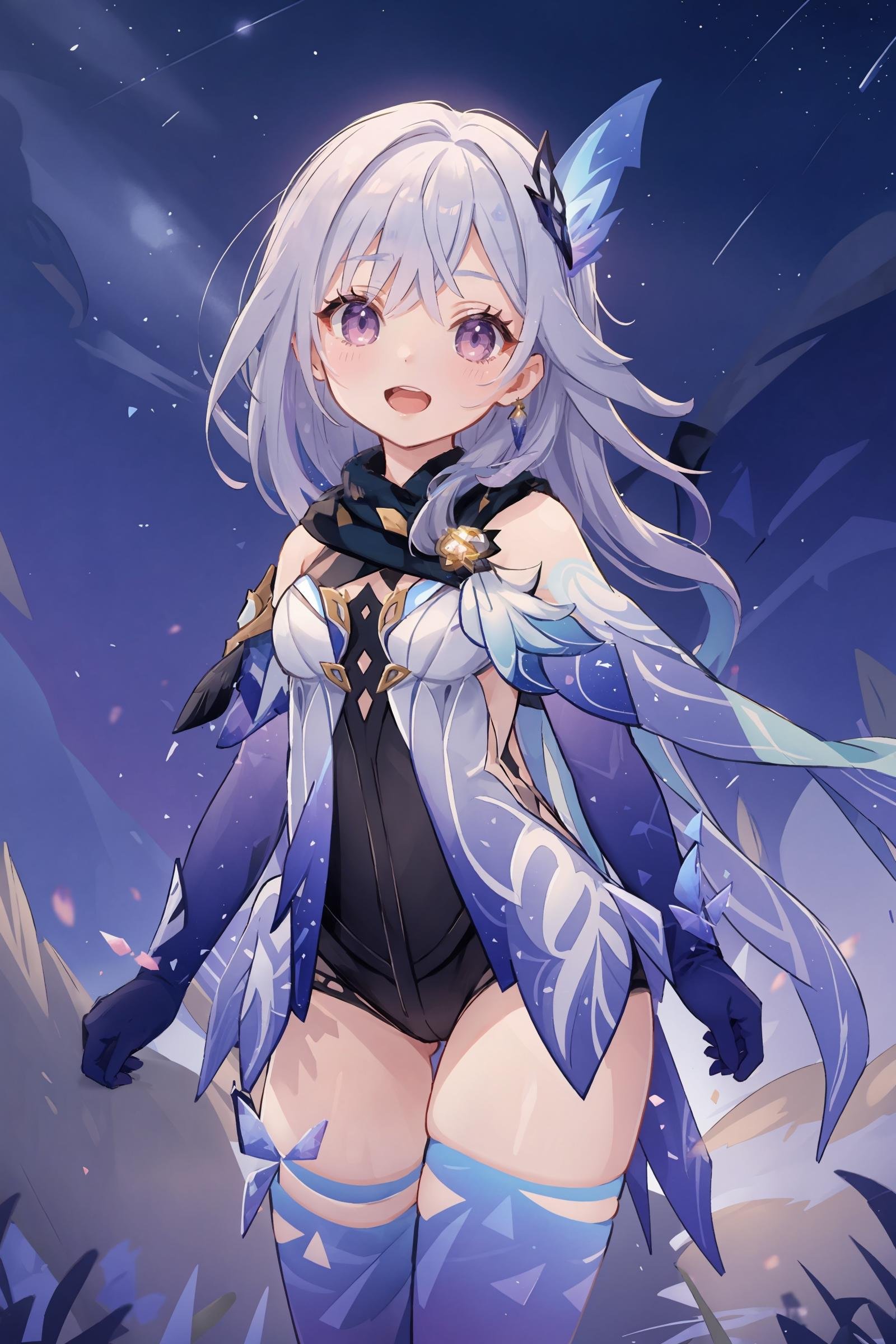 1girl, skirk \(genshin impact\), elbow gloves, earrings, cape, blue thighhighs, black scarf, butterfly hair ornament, armored leotard, looking at viewer, starry sky, shooting star, smile, open mouth, hand to own mouth, cowboy shot, standing, masterpiece