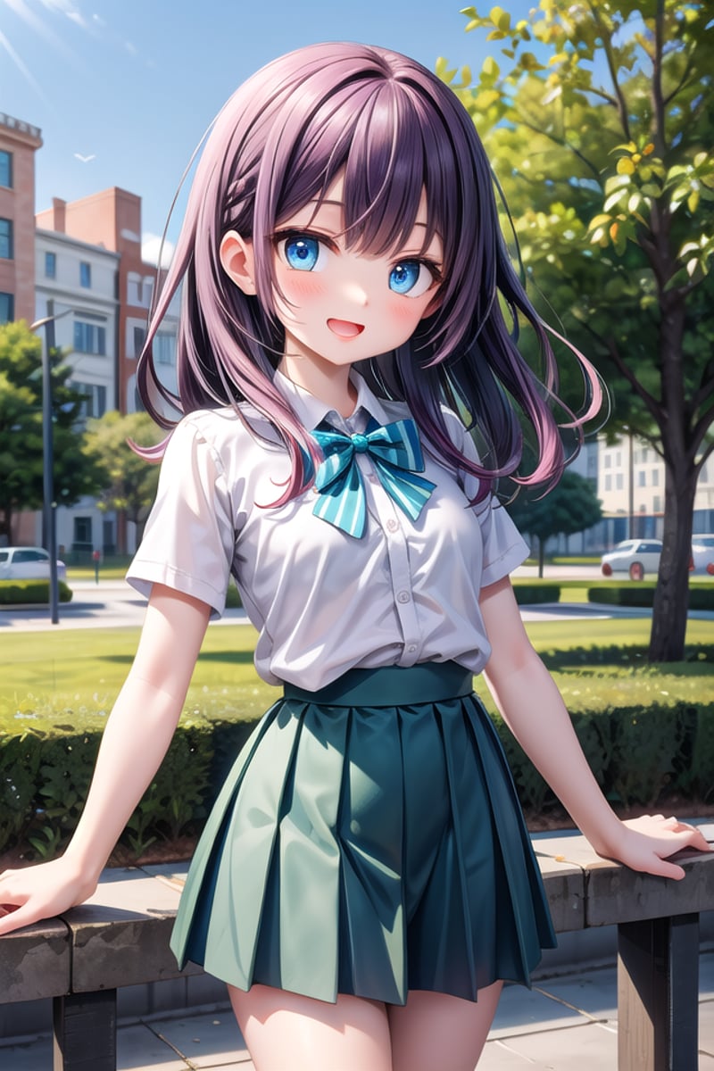 insanely detailed, absurdres, ultra-highres, ultra-detailed, best quality,1girl, solo, nice hands, perfect handsBREAKsummer school uniform, (plain dark green skirt with many pleats:1.4), (striped green bowtie:1.3), short sleeves, white shirt, shirt with white button, shirt_tucked_inBREAK(breast pocket, vest, blazor, long sleeves, checked skirt, striped skirt, striped shirt, striped sleeves, bra visible through clothes, skirt with frill:-1)BREAK(nsfw:-1.5)BREAKseductive smile, open mouthBREAK,standing, cowboy shot, looking at viewerBREAKslender, kawaii, perfect symmetrical face, ultra cute girl, ultra cute face, ultra detailed eyes, ultra detailed hair, ultra cute, ultra beautifulBREAKin a park in cityBREAKmedium large breastsBREAK(purple hair, blue eyes:1.2), dreadlocks,