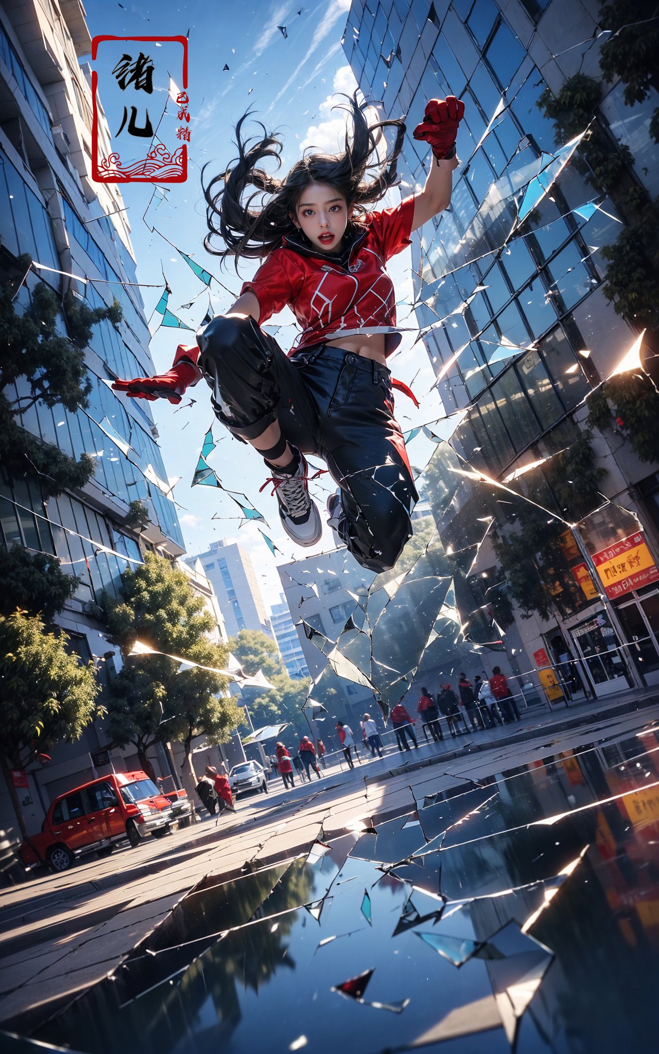 jumping，midair, (1girl, solo:1.2), open mouth, outdoors, building, (broken glass:1.5), shoes, (red gloves:1.3),Glow, reflective glass, light pollution，<lora:绪儿-跳跃构图 jumping:0.8>