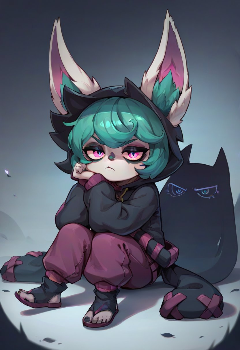 score_9, score_8_up, score_7_up, score_6_up, v3x, 1girl, yordle, pink eyes, green hair, short hair, hoodie, hood, hood up, ears through headwear, long sleeves, pants, toeless footwear, <lora:Vex_Default_v1:0.8>, solo, looking at viewer, sitting, (bored), head rest