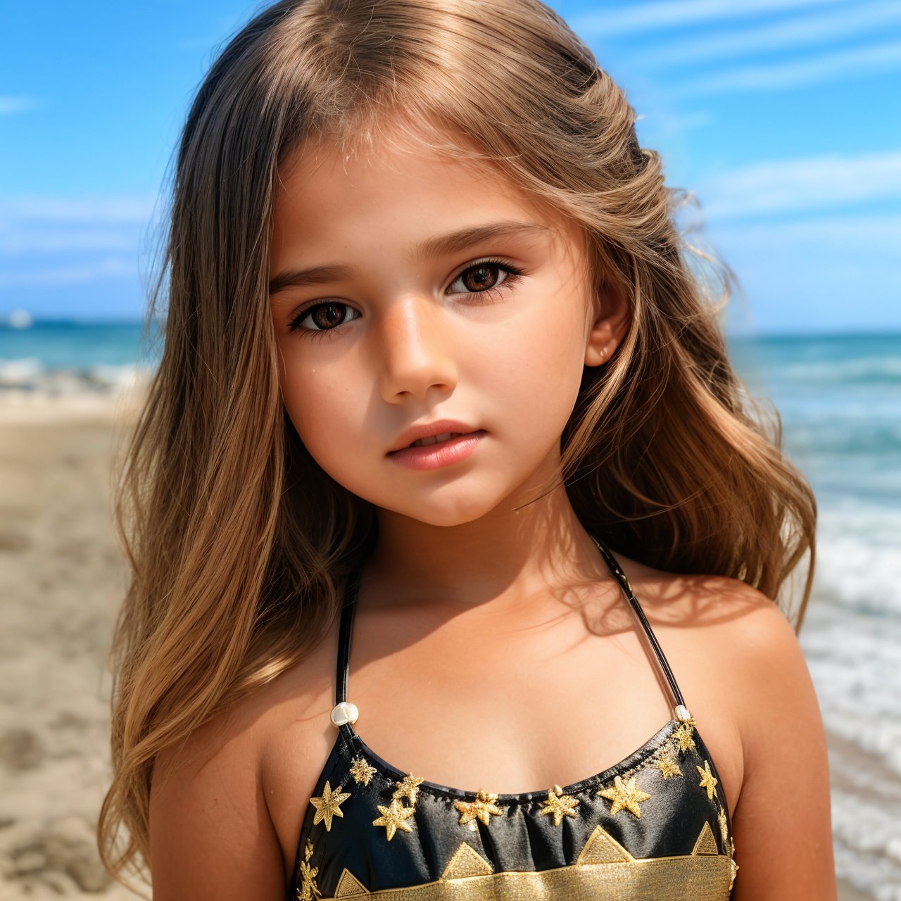 best quality, extra resolution, looking back, portrait of beautiful (AIDA_LoRA_EvaPo:1.15) <lora:AIDA_LoRA_EvaPo:0.68> in a sepia black one peace swimsuit on the seashore, sunlight, outdoors, little girl, pretty face, intimate, intricate pattern, studio photo, studio photo, kkw-ph1, hdr, f1.8 , getty images, (colorful:1.1)