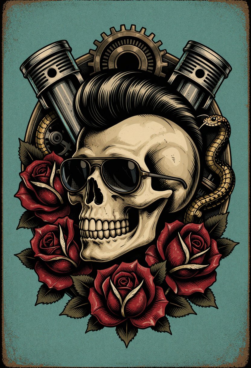 occult,  rockabilly_morph,  A horizontal occult rockabilly tattoo emblem in a distressed vintage poster style by inknoir o...