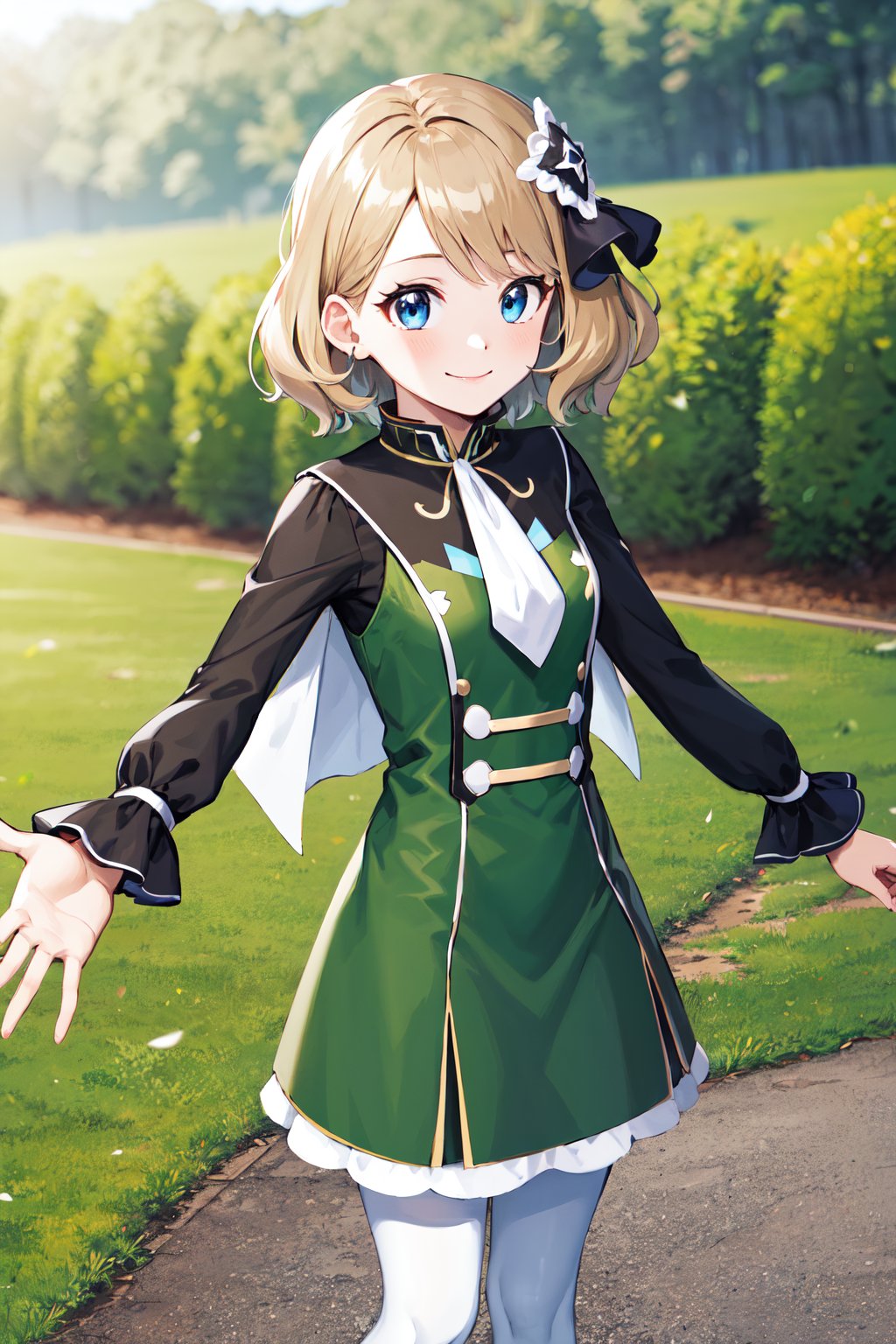 masterpiece, best quality, highres, ddserena, solo, short hair, hair ornament, hair ribbon, eyelashes, blue eyes, white ascot, multicolored dress, black dress, green dress, long sleeves, white pantyhose, <lora:serena_(pokemon)_v2:0.7>, reaching out, smile, outdoors, standing