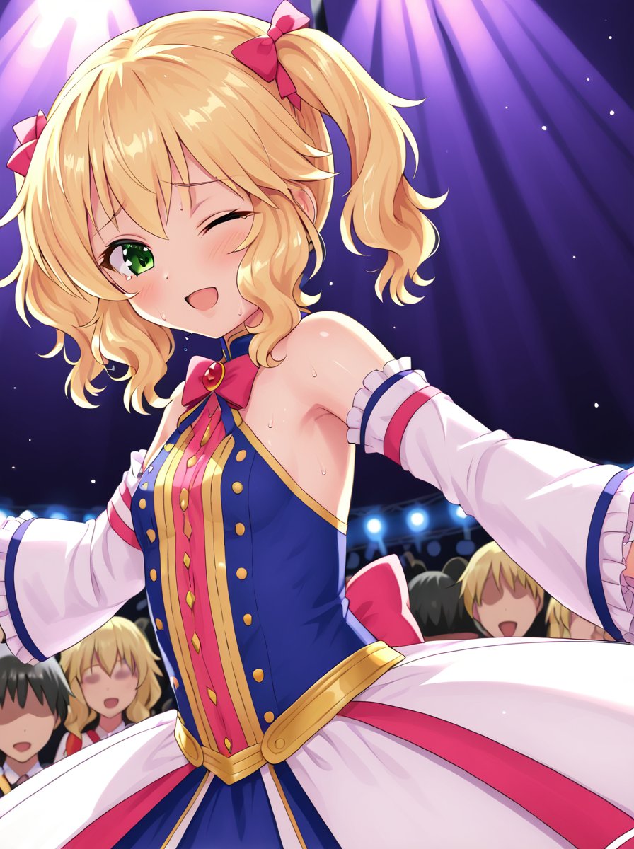 detailed background, shiny skin,<lora:momoka.pony:1.0>,momoka,twintails, idol costume, one eye closed, dancing, detached sleeves, stage, stage light,  audience, crowd, sweat, sweat drops, 