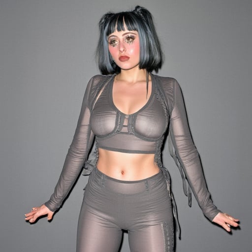 A woman, grey hair, face piercings, light makeup, pale skin, posing, full body in view, wearing a grey skin tight outfit, 2 piece outfit