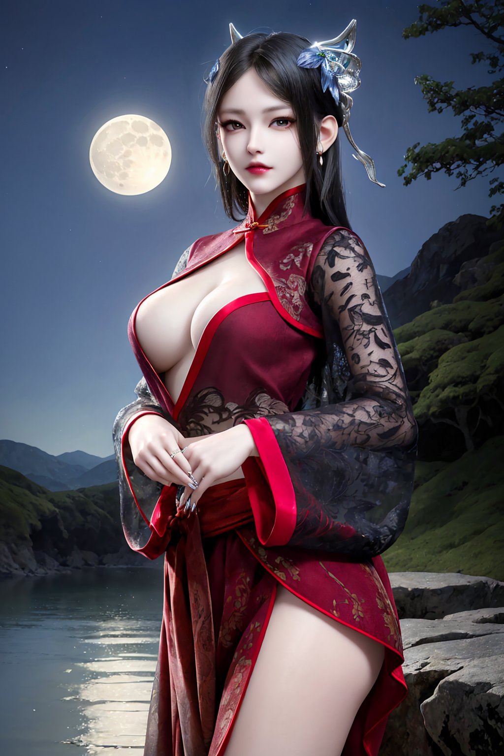 standing, (gravure_pose), dress, chinese_clothes, long_sleeves, looking_at_viewer, 8k, RAW photo, best_quality),(highly_detailed),(masterpiece:1.2),(ultra-detailed),(extremely_detailed_cg_8k_wallpaper),(realistic:1.2),(photorealistic:1.3),(scenery, waterfall, (cherry_blossoms), (milfeulle_sakuraba), (petals, falling_petals), full_moon, moon, night, moonlight, night_sky, sky, petals, water, stone),1girl, solo, black_hair, long_hair, hair_ornament, eyeshadow, eyelashes,  jewelry, earrings, makeup, cleavage, black_legwear,fingernails,nail_polish,medium_shot,(crystal_texture_skin:1.3),(shiny_skin:1.4),(an_extremely_delicate_and_beautiful),<lora:syqiangk_加强_重置_慕Y墨_少年歌行_C9_2.1:0.8>,