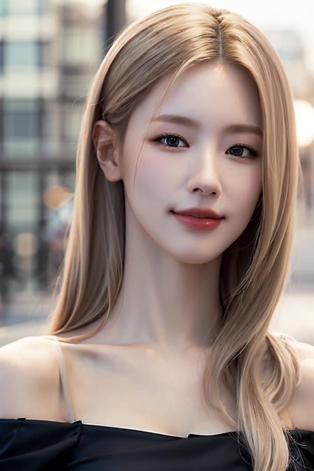 Best quality, masterpiece, ultra high res, (photorealistic:1.4), raw photo,1girl, solo, realistic, lips, platinum blonde hair, looking at viewer, black eyes, long hair, hair over one eye, smile, nose, close-up, simple background, brown eyes, black dress, off shoulder