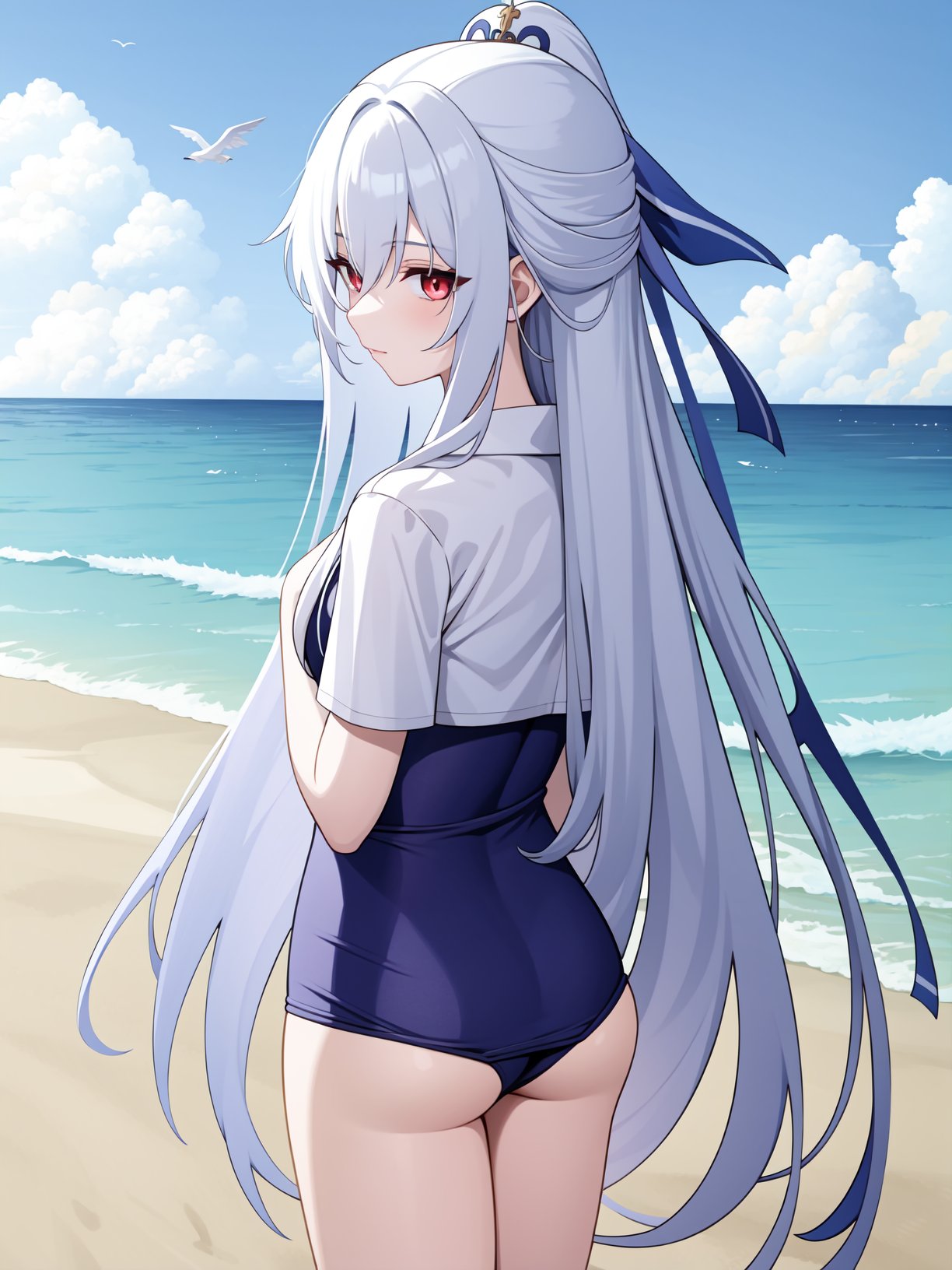 <lora:jingliu-000012:0.75>,jingliu,1girl,solo,long hair,red eyes,bangs,white hair,very long hair,school uniform,beach,school swimsuit,, 1girl,,  (masterpiece,best quality:1.2),absurdres