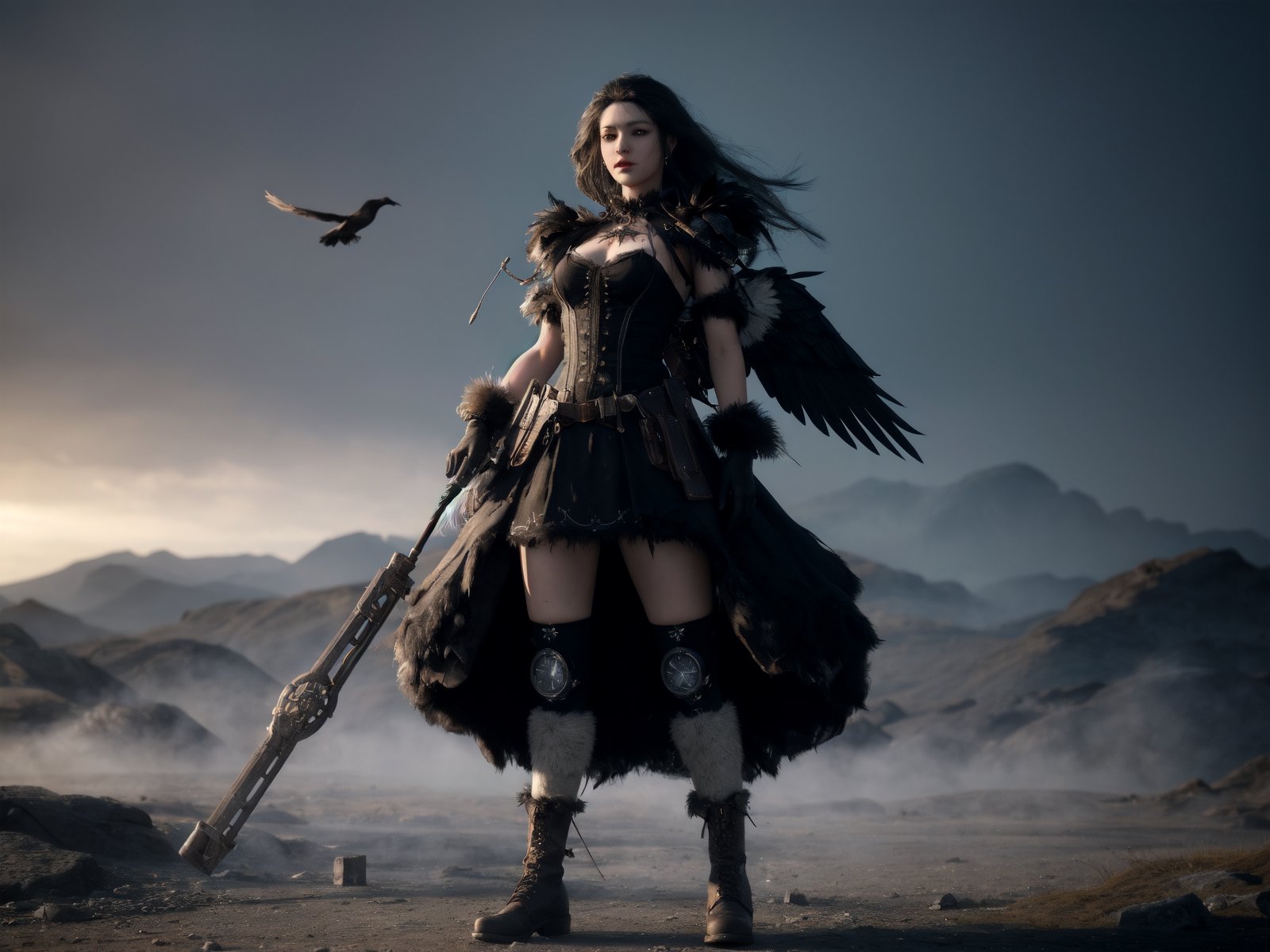 huge documents,high details,{masterpiece},{best quality},gear (series),[[steampunk]],black smoke,gear clock tower,[[smoke filled abandoned city]],{{1 girl}},white long hair,messy hair,hair fluttering in the wind,{an extremely delicate and beautiful girl},gear boots,brown gloves,{ragged clothes},medium chest circumference,{crows},beautiful detail eyes,mechanical prosthesis,{{Gothic dress - (black)}},{{many black feathers}},many sporadic black feathers,{{{gear mechanism}}},{{{upper body}}},doll,reality_ray_tracing,light leaks,wide shot,3D graphics,fantasyArt,