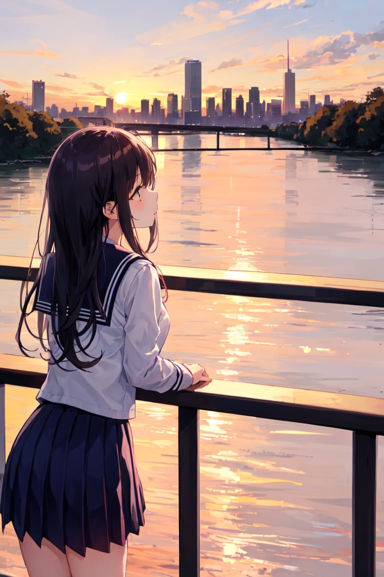 1girl,  school uniform,  leaning against a railing on a bridge by miaomiao on Tensor.Art
