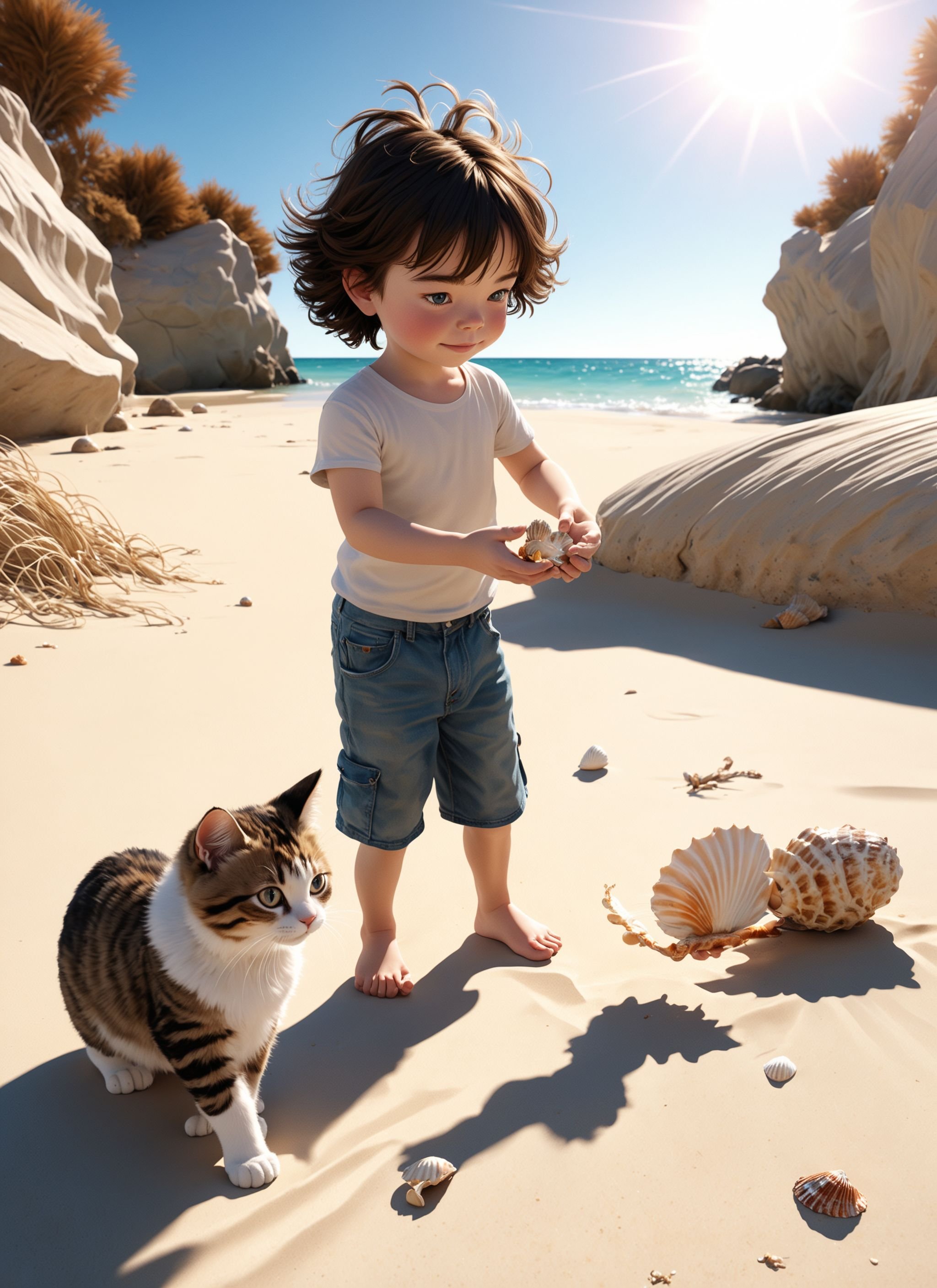 Wide angle 3D render, (Young Bjork boy playing with his cat:1.2), 360-Degree view composition, Youthful innocence, Furry companion, (Sandy beach backdrop:1.3), Seashell treasures, Ocean breeze, Lighthearted moment, Bright illumination