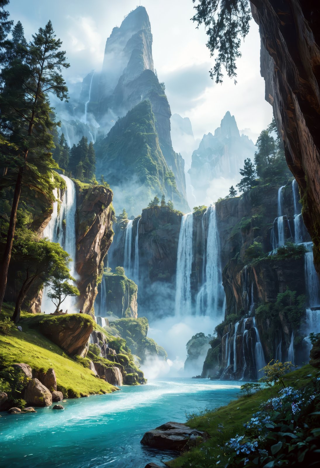 score_9, score_8_up, score_7_up, masterpiece, (best quality:1.2),  magnificent, maximum details, extremely hyper aesthetic ancient sacred waterfall with mystical energy and glowing mist dream scenery art, landscape