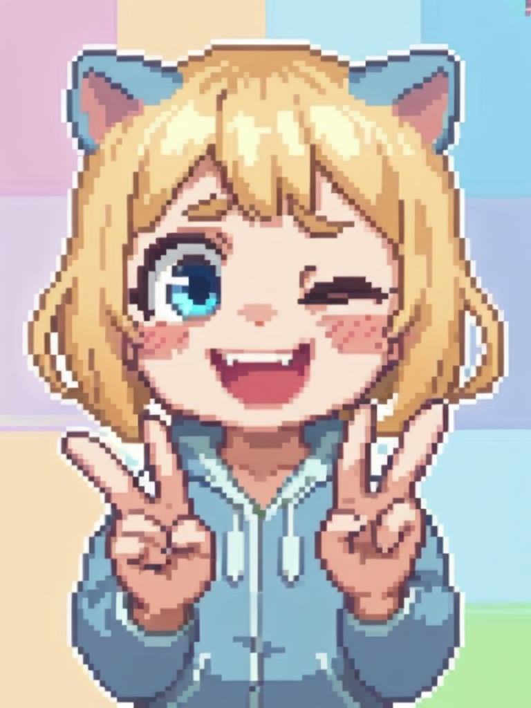 score_9,score_8_up,score_7_up,score_6_up,score_5_up,1girl,flat chest,loli,child,solo,upper body,onesie,pajamas,cat ears,hood up,blue eyes,upper teeth,happy,blonde hair,bangs,short hair,head tilted,blushing,one eye closed,v,peace hands,colorful background<lora:uohh_youngest_nostyle:1> <lora:cone:1> c0ne, pixel art