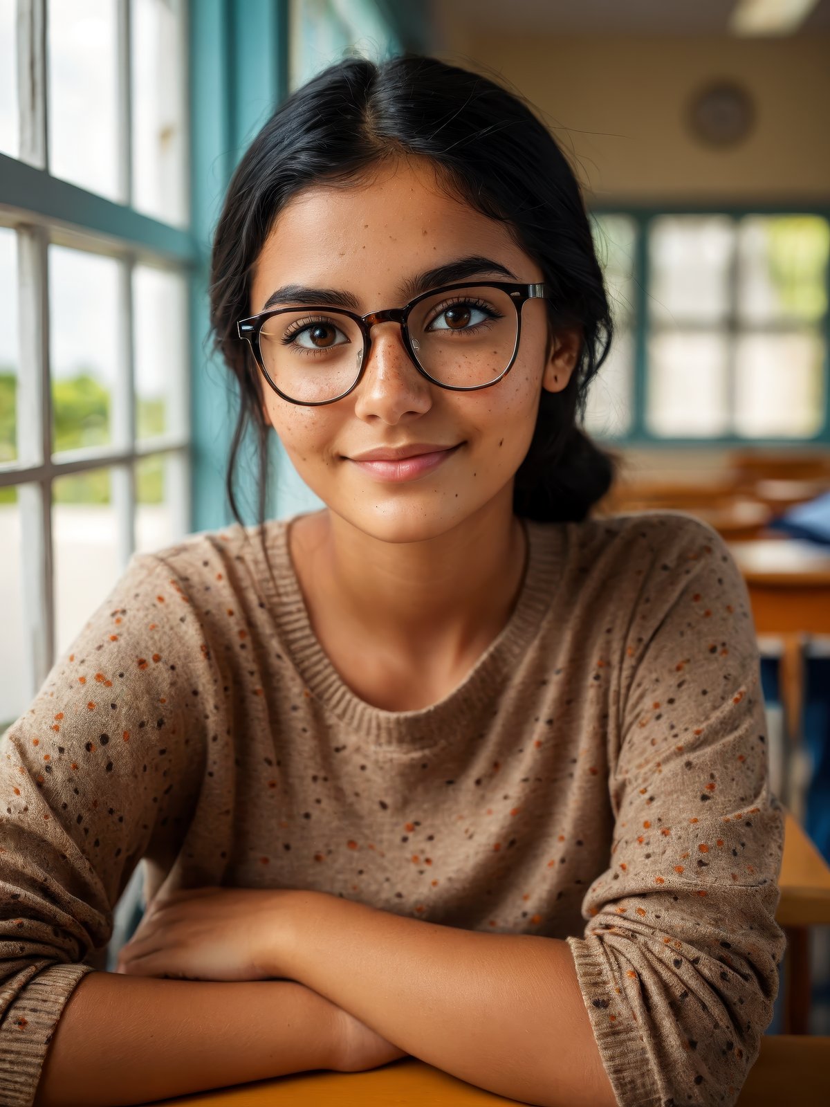 (photography,realistic:1.4),23yo ,female,black hair,smart looking,maldivian,classroom looking out of window,cinematic lighting,Highly detailed eyes, highly detailed face, brown eyes,freckles,glasses,smiling