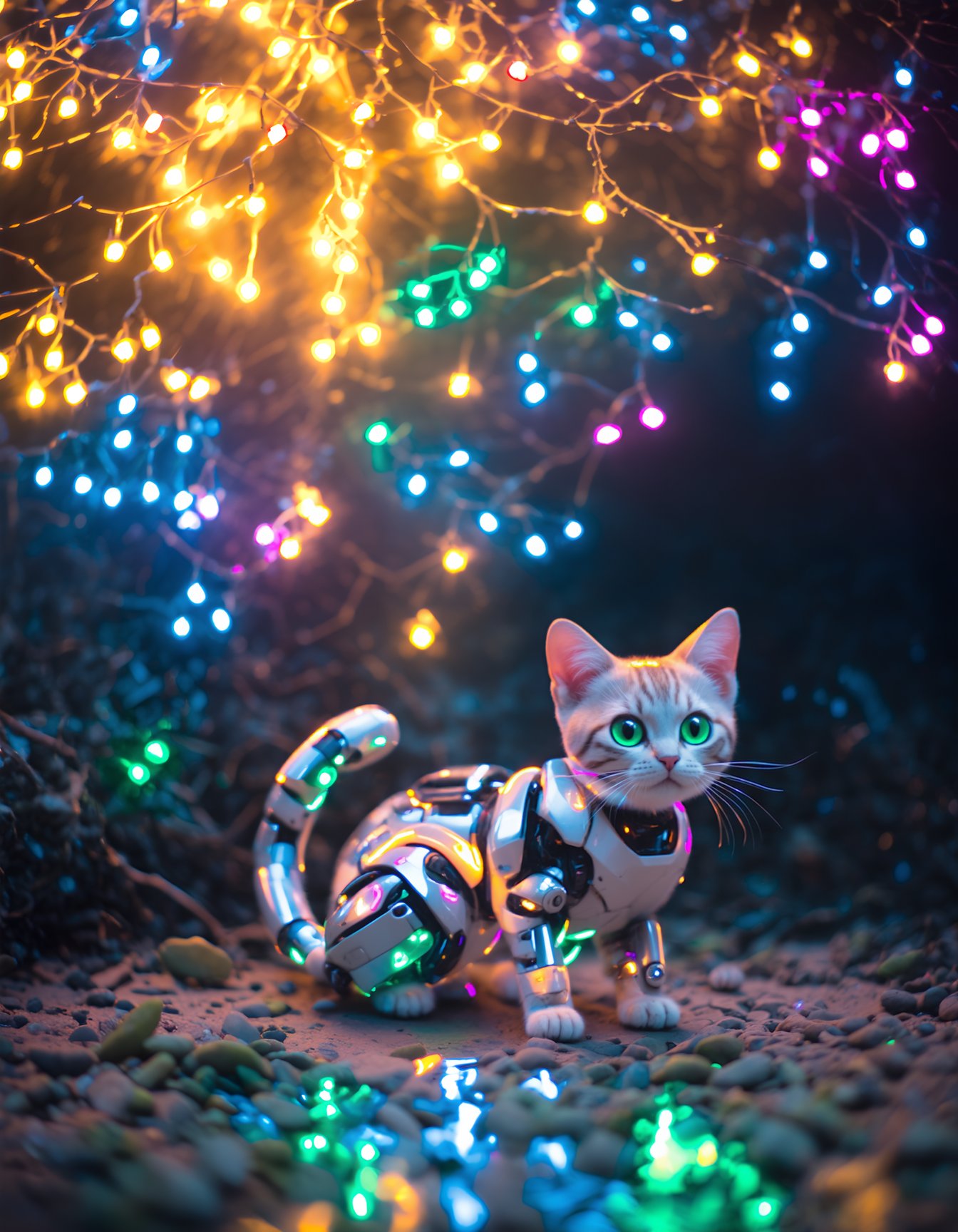 (best quality,8K,highres,masterpiece), ultra-detailed, (tiny robot kitten with oversized glowing eyes), a adorable tiny robot kitten with sleek metallic fur and oversized glowing eyes that radiate with vibrant light. Its body is adorned with soft, vibrant pastel colors, adding to its whimsical charm. The kitten is curled up in a playful pose, exuding a sense of innocence and curiosity. In the background, a minimalist circuit-board tree stands tall, with illuminated branches and leaves casting a soft glow. The juxtaposition of the robotic kitten against the organic elements of the tree creates a whimsical and playful atmosphere. Every detail of the scene is meticulously rendered, capturing the intricate beauty of the robotic kitten and the fantastical nature of its surroundings. Feel free to add your own creative touches to enhance the whimsy and detail of this captivating artwork. ,