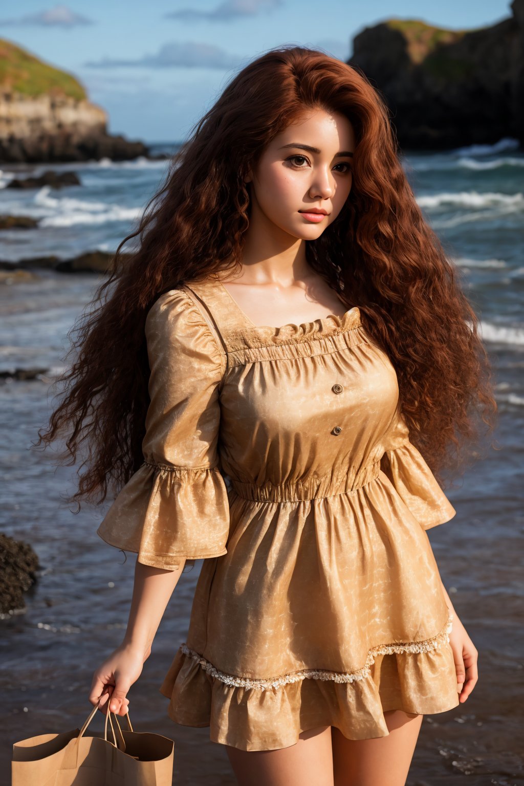 masterpiece, highly detailed 8k, best quality, volumetric lighting, volumetric lighting, intricate, Auburn big hair young woman in Bear Brown rfdrss, frown, Paper Bag Brown eyes, Tidal Pools background <lora:ruffled dress v4.3-000007:1>