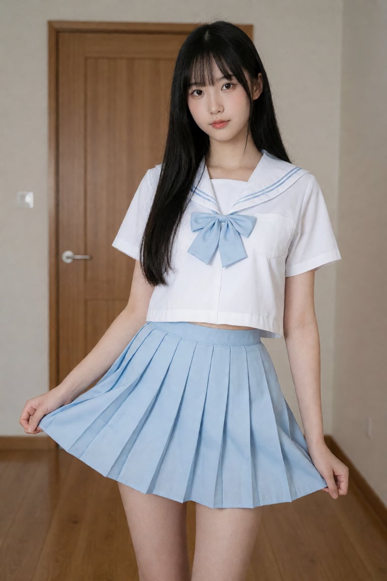 A young Asian woman with long black hair wears a light blue Japanese schoolgirl outfit,  holding the hem of her skirt. She...