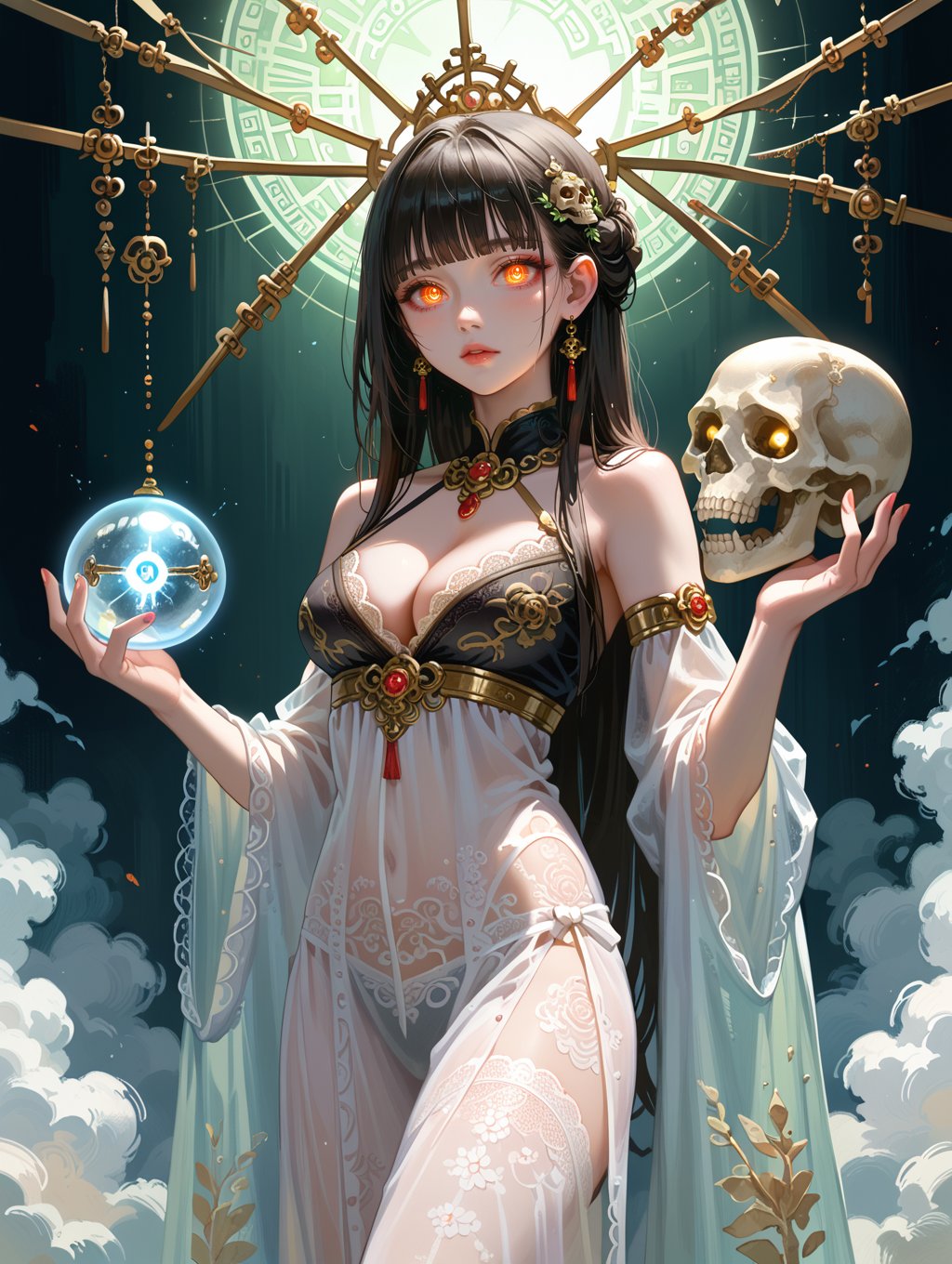 score_9, score_8_up, score_7_up,An erotic, nsfw, female oriental necromancer in intricate lace, see-through clothing, cursed helm made of a skull with glowing eyes, long hair, bangs, cleavage, holding a glowing cursed crystal orb,