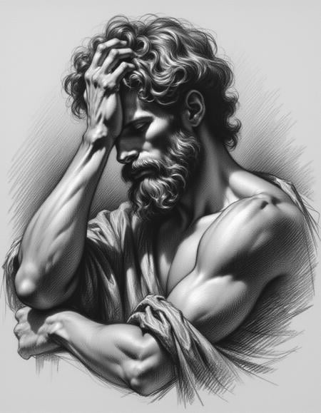 B&W Renaissance study work , A man that is thinking with his hand on the head    <lora:Renaissance_study_works:0.8>