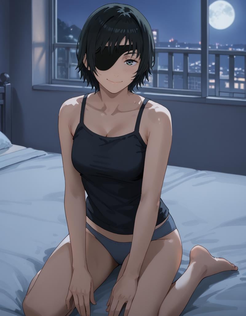 <lora:Himeno_4_Outfits:1>, himeno, 1girl, black hair, eyepatch, short hair, closed mouth smile, sitting, bed outfit, black tank top, underwear, dark, night, kneeling