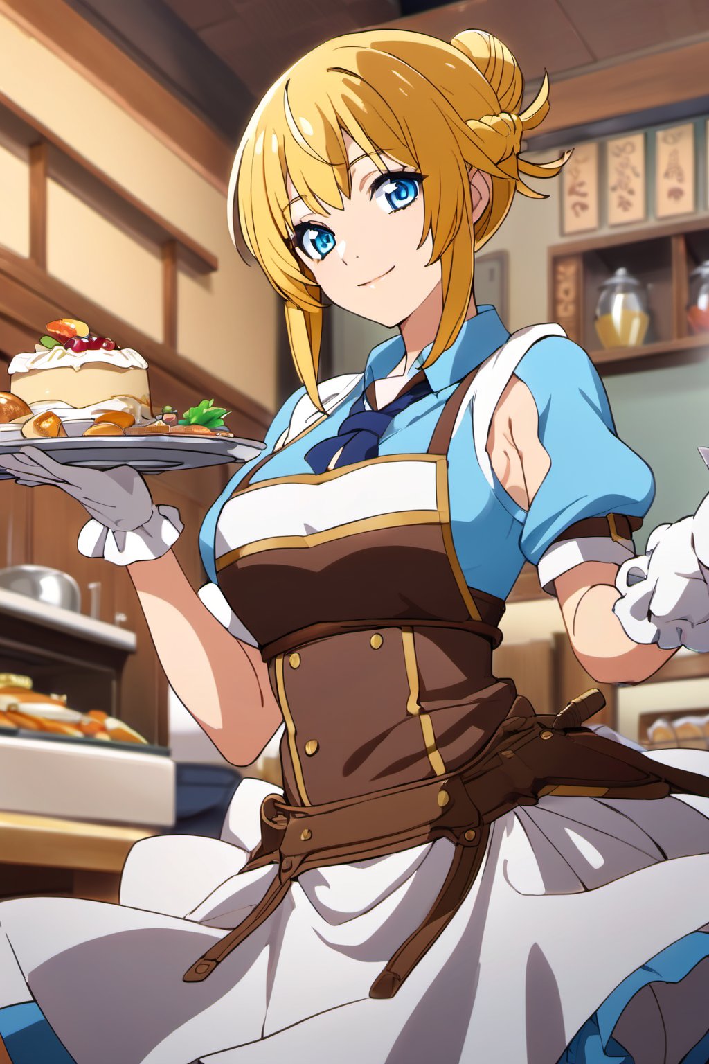 ritto, single hair bun, 1girl, solo, smile, apron, blue shirt, blue skirt, frilled apron, frills, gloves, head scarf, shirt, short sleeves, skirt, uniform, waist apron, waitress, white apron, white gloves, food, tray, food tray, indoors, restaurant, looking at viewer, dutch angle, cowboy shot,masterpiece, perfect face, best quality, beautiful girl, cute girl, beautiful eyes, shiny eyes, anime coloring, anime screencap, absurdres, award winning,<lora:ritto ghostb 902:0.8>