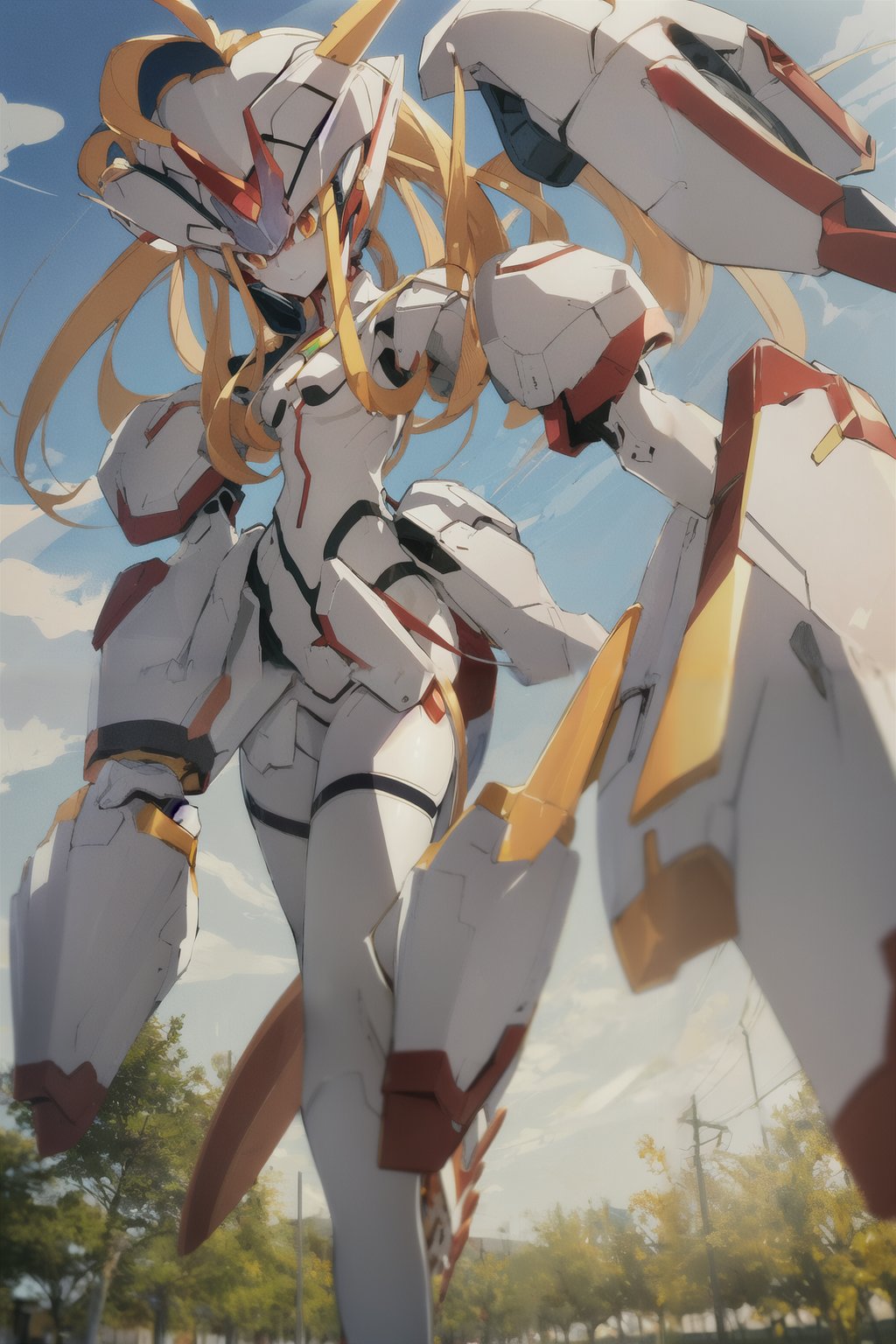 masterpiece, best quality,  1girl, <lora:last:1>, strelizia, looking at viewer, holding, closed mouth, horn, bangs, walking, asymmetrical