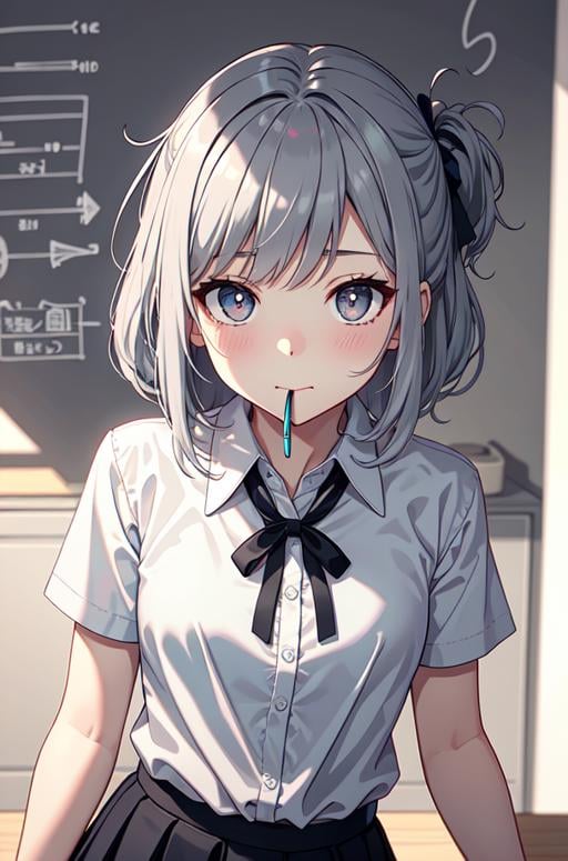 masterpiece,best quality,upper body,1girl,collared_shirt and flared_skirt as material1,色彩,pastel \(medium\),diagram,grey hair,gmyh,small breasts,horizontal pupils,mouth hold,vanishing point