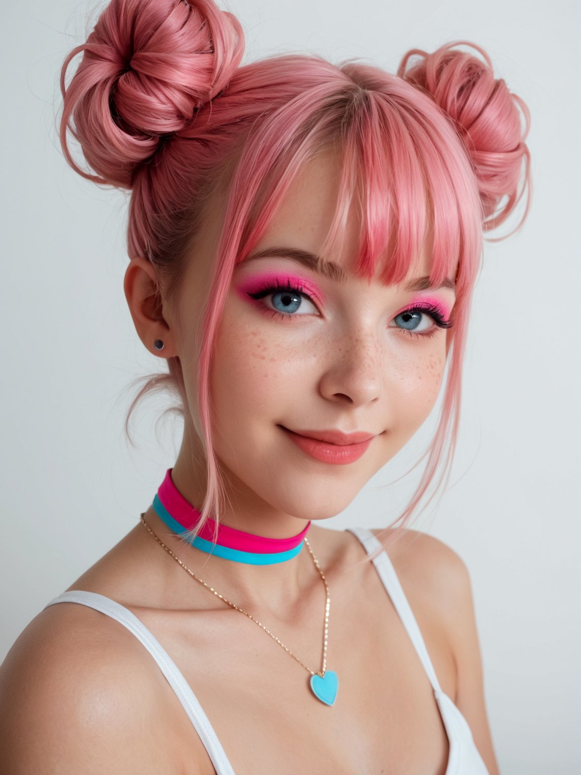 score_9, score_8_up, score_7_up, realistic lighting, photo, photorealistic1girl, pink hair, necklace, (bangs:1.1), side view, (detailed face and eyes:1.2), white background, perfect cute face, turning to look at viewer, vibrant colours, cocky smile, choker, (freckles:0.6), eyeshadow, pigtail buns, round face