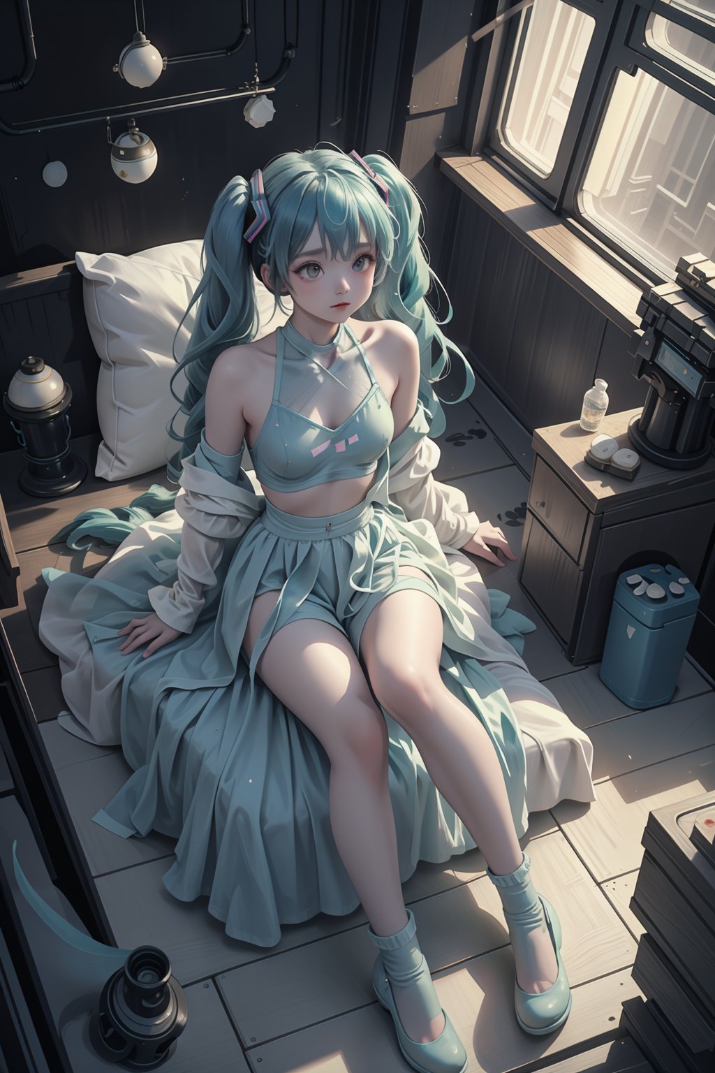 original,scenery,space,science fiction,wide shot,vivid,(dynamic_angle:1.1),Soft and warm color palette,delicate brushwork,evocative use of light and shadow,a bittersweet atmosphere,a moment of quiet contemplation,Loneliness,Gorgeous,high_contrast,color contrast,BREAK1girl,(hatsune miku:1.2),solo,long hair,green hair,gloves,sports bra,jumpsuit,sitting,boots,black gloves,black footwear,spacesuit,pants,bangs,inside the space station,lying on the floor,huge windows,glass,planet,sky,cloud,<lora:epiNoiseoffset_v2:0.5>,<lora:InstantPhotoX3:0.2>,