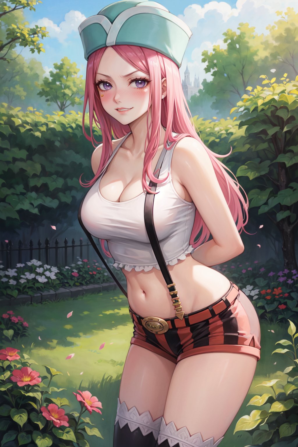 (best quality, ultra detailed), ((full-face blush)), (detailed background:1.2), (perfect face, detailed face), looking at viewer, (mature female:1.4), ((smirk))<lora:jewelry_bonney:0.9> 1girl, solo, jewelry_bonney, long hair, large breasts, hat, navel, thighhighs, cleavage, shorts, suspenders, midriff, makeup, lipstick, boots, short shorts, crop top(garden, outdoors, arms behind back, leaning forward, ) 