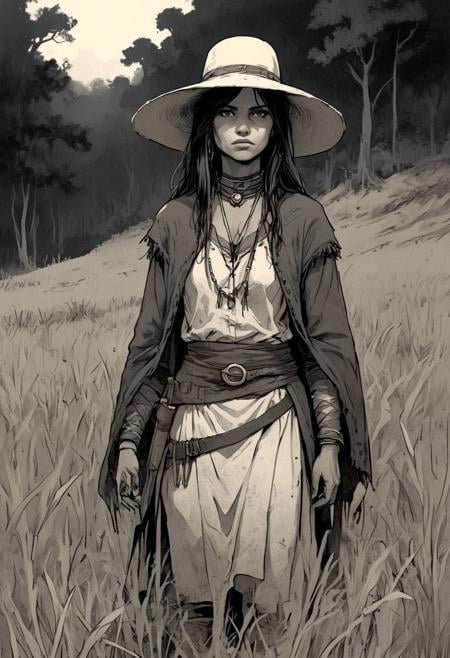 woman cheyenne, High contrast, minimalistic, colored black and grungy white, stark, dramatic, graphic novel illustration, hatching, traditional outfits, grassy landfields, seminole war complexe background