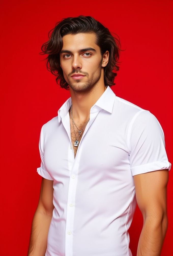 Thomas Ceccon ,  The image is a high-resolution photograph. standing against a solid red background. wavy hair styled to t...