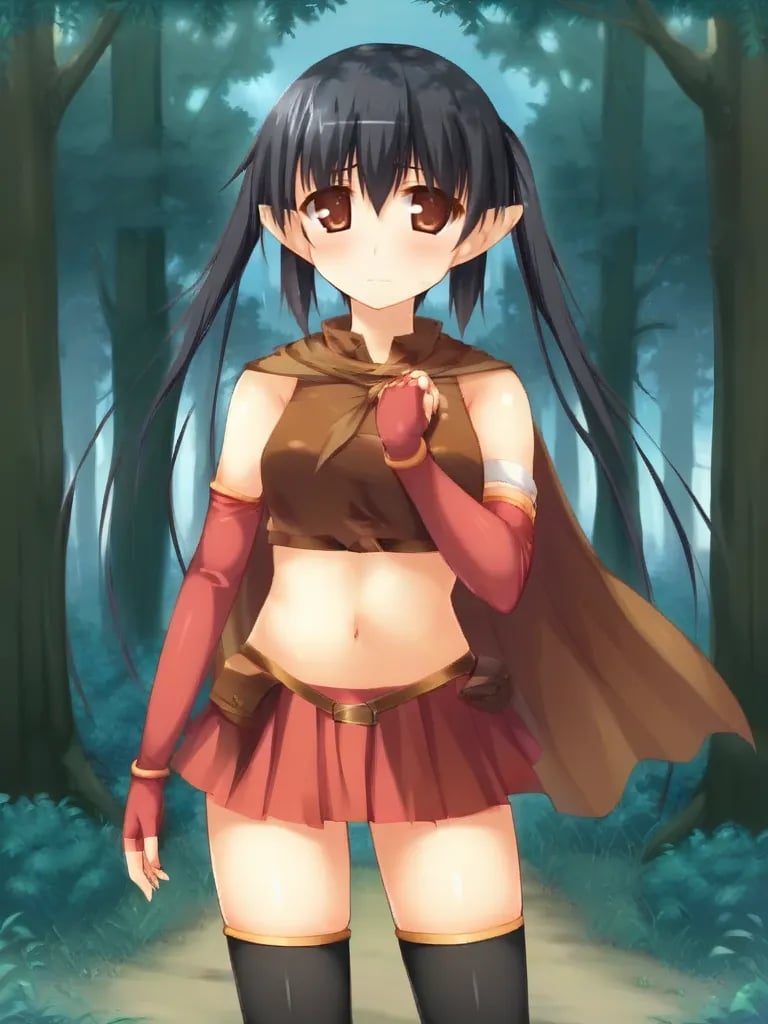 <lora:lucheforforestpony:1>1girl, solo, luceeoff black hair, twintails, brown eyes, pointy ears, brown croptop, sleeveless, navel, cape, elbow gloves, fingerless gloves, skirt, miniskirt, thighhighs, standing, outdoors, forest, cowboy shot, looking at viewer, nervous