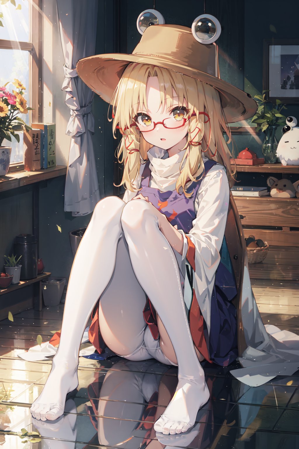 masterpiece,best quality,(ray tracing, reflection light),sunlight,1girl, loli, touhou project, (moriya suwako:1.2), blonde hair, yellow hat, red glasses, sleeves past wrists, skrit, wooden floor, sunlight, indoors, white pantyhose, noshoes, legs, ray tracing, <lyco:GoodHands-beta2:1.0>