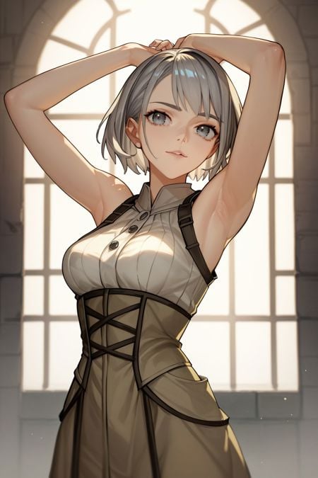 score_9, score_8_up, score_7_up, 1girl, looking at viewer, arms_up, relieved, grey hair, side-swept fringe, jade eyes, medium breasts, bronze waistcoat, frontlighting, dungeon, fisheye <lora:wada_arco_PonyXL_style_v01:1>