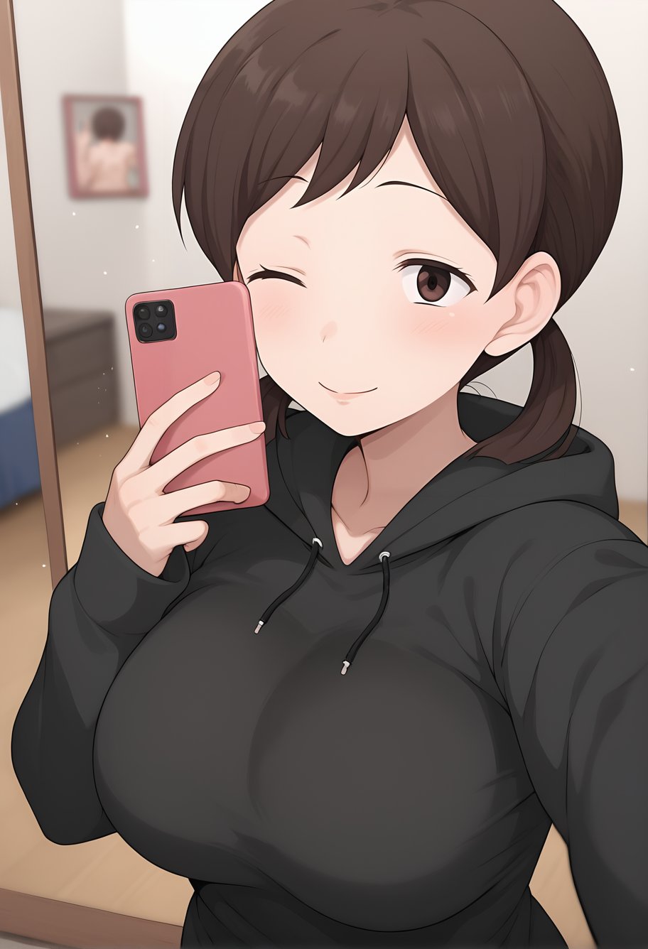 by_terasu mc,score_8_up, bedroom,mirror,reflection,depth of field,blurry background,light particles, solo,facing viewer,mirror_selfie,holding phone, v,   <lora:nao-v22-pdxl-000008:1> girlnao, brown eyes, medium hair,brown hair,large breasts,low twintails,black hoodie,looking at phone,seductive smile, one eye closed, tongue out, 