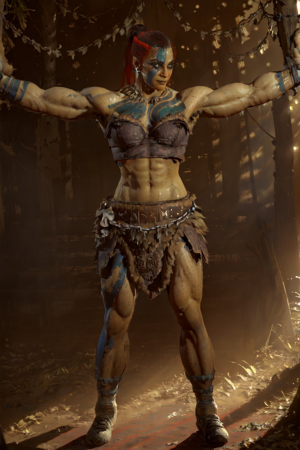 (((upper body,  dynamic pose, forest, arms pump:1.2)))<lora:D4FemBarbLoRA:1> fembarbarian, ponytail, tattoos, skirt, chains, top, shoes, beautiful eyes, beautiful girl, high detail skin, high detail eyes, high detail hair, highres, ultra detailed, sharpen picture, Highly detailed, masterpiece, best quality, photorealistic, smile  