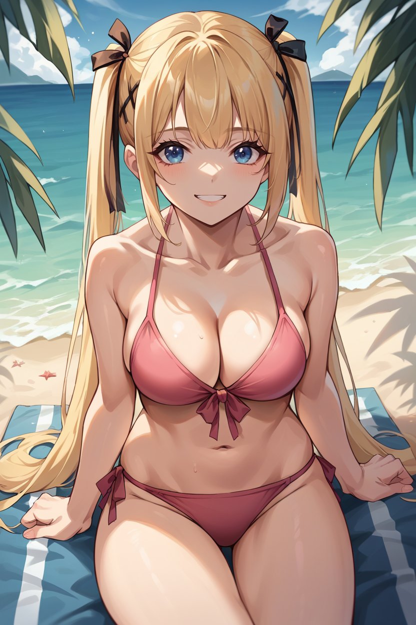 score_9, score_8_up, score_7_up, score_6_up, source_anime, BREAK 1girl  <lora:marierose-pdxl-nvwls-v1-000006:1> doamarie, blonde hair, twintails, hair ornament, hair ribbon, pink bikini, cleavage, medium breasts, beach, ocean, sitting, looking at you, smile, beach towel