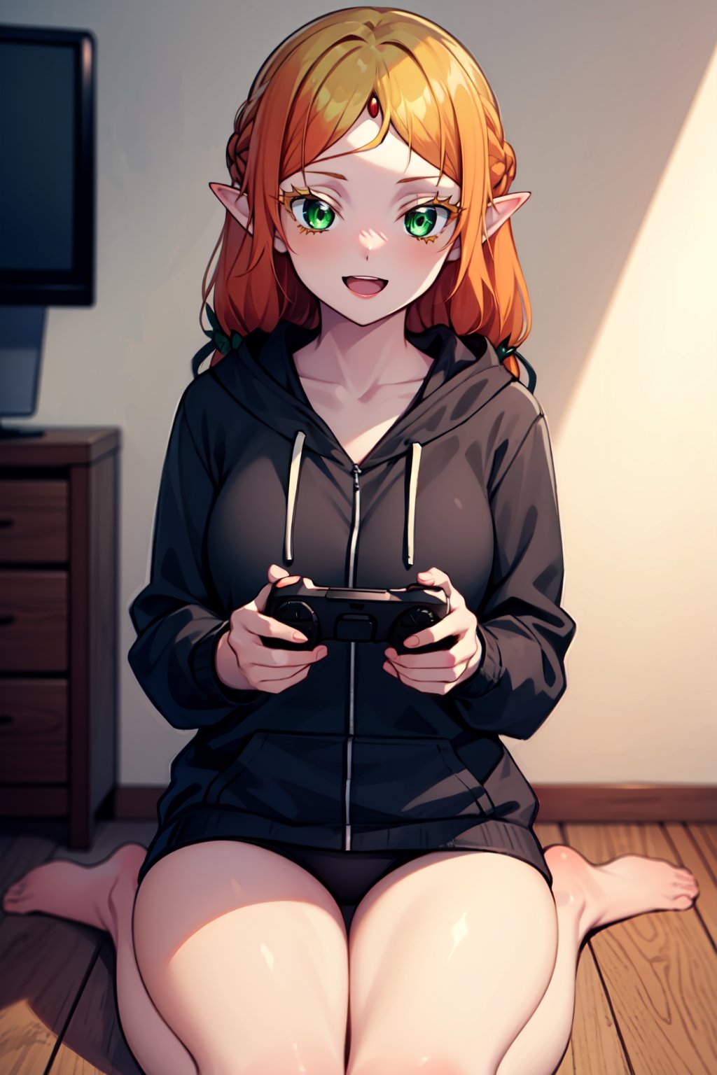 masterpiece, best quality, <lora:TsundereElfV2.2prod:0.9>, 1girl, sui, green eyes, pointy ears, eyelashes, 1girl, sui, green eyes, eyelashes, black hoodie, no pants, thighs, sitting, seiza, holding, controller, :d, looking at viewer, television, indoors