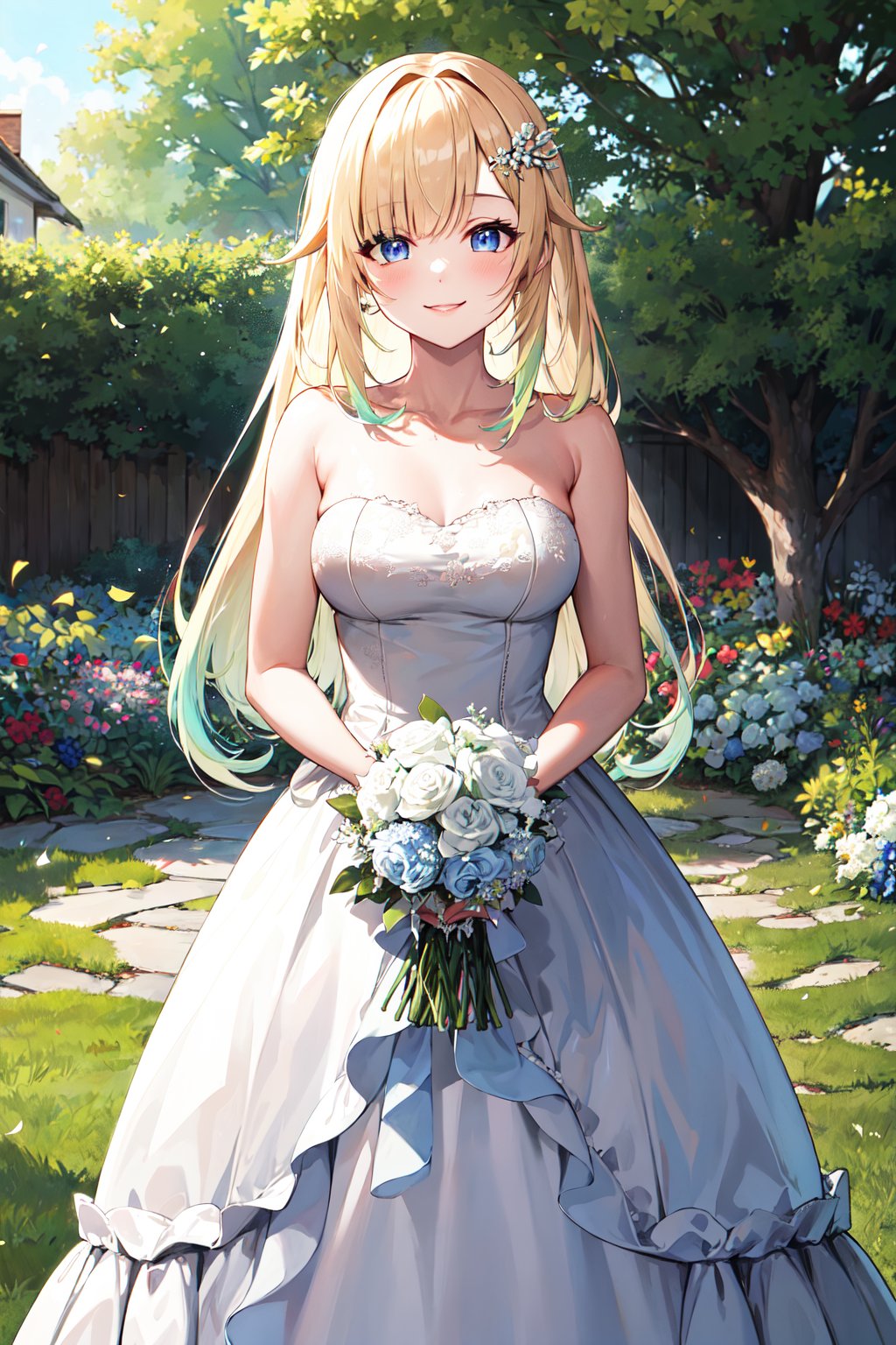 masterpiece, best quality, highres, aaema, long hair, gradient hair, hair ornament, <lora:aizawa_ema_v1:0.7>, wedding dress, white dress, garden, standing, confetti, smile, (holding bouquet:1.3), 