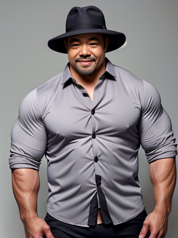 <lora:SD1.5_Dadbear.1.0:0.7>,dadbear,1boy,bara,black pants,couch,facial hair,grey background,hat,looking at viewer,open jacket,outdoors,realistic,open shirt,solo,teeth,thighs,upper body,thick thighs,thighs,