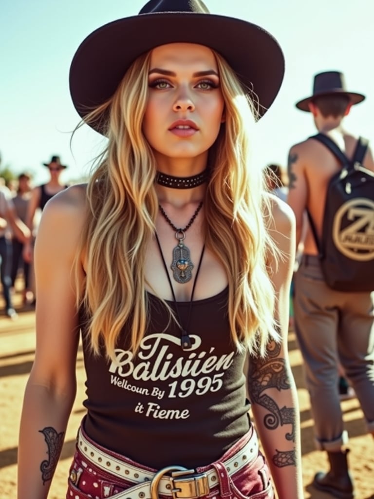 zzw,  cinematic,  full body shot,  ZZ Ward, wearing a lovely hipster rocker outfit, in an outdoors music festival,  photorealistic, real photography, 8k, hd,  <lora:zz-ward:1.1>