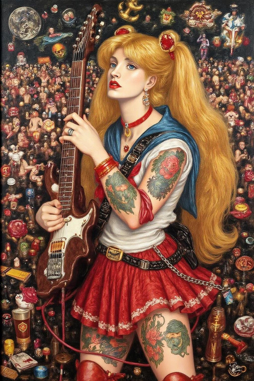 dgr painting.punk sailor moon playing a guitar at a heavy metal mosh pit,  tattoos,  piercing. by NowhereManGo on Tensor.Art