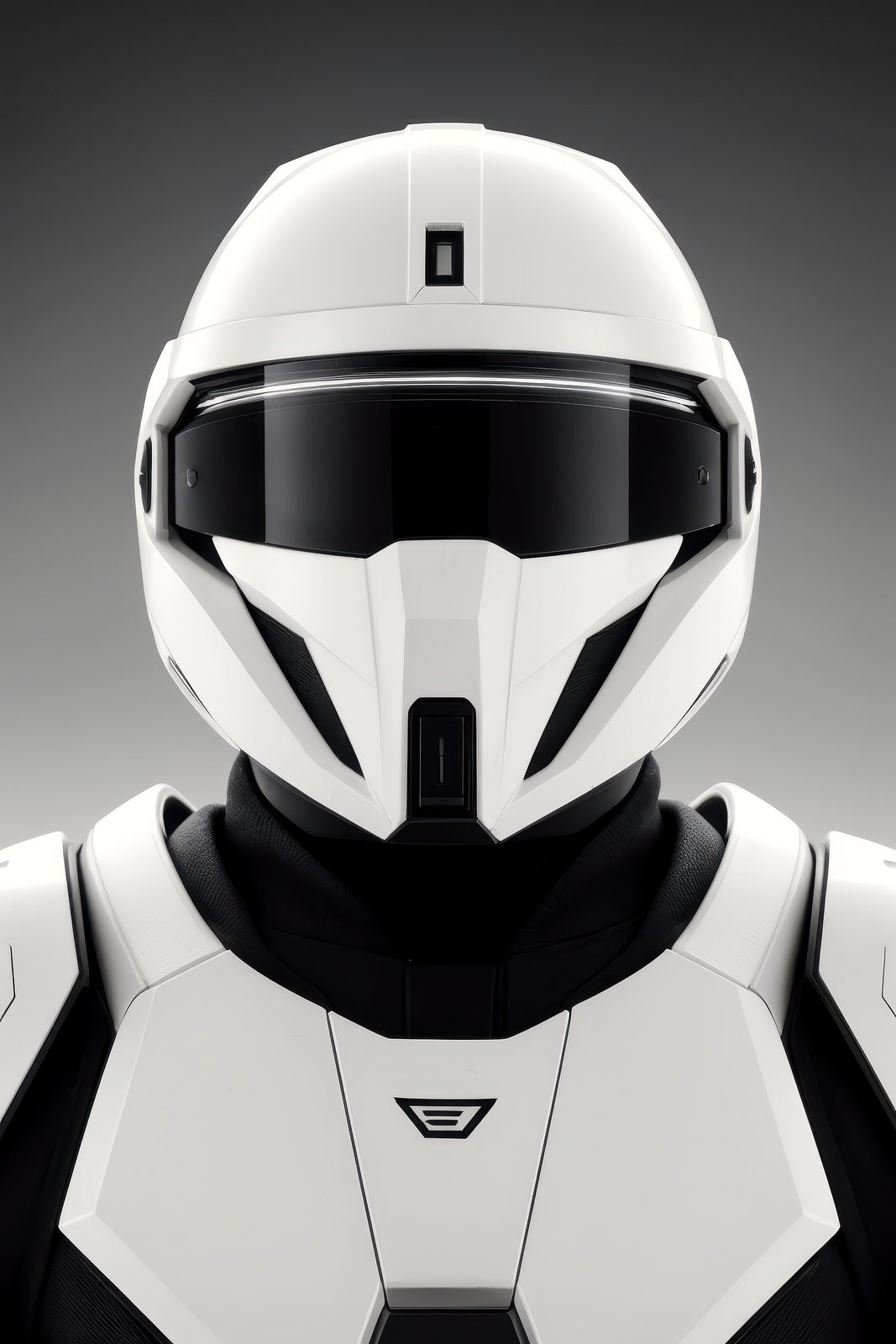 futuristic helmet in a dark background, sleek white armor, black visor, detailed aeration holes, high contrast lighting, smooth contours and sharp lines, sci-fi element, helmet design with integrated communication devices, 3d rendering, inspired by ralph mcquarrie, atmospheric, best quality, sharp focus, high contrast, stylized, dark, clear, surreal, ultra quality, 8k, masterpiece, midjourneyv6.1